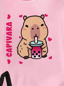 Elladie kids 1 套女孩休闲可爱卡通佩帕猪图案印花短袖 T 恤和踝长裤套装，春夏 - 彩色 - 查看 6