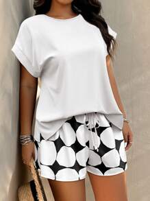 Sunserae Conjunto de dos piezas informales para vacaciones, talla grande, de unicolor en la camisa y shorts de color contrastante - Multicolor - Ver 3