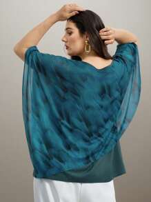 EMERY ROSE 大码女式优雅网眼衬衫飘逸斗篷休闲衬衫 - 綠色 - 查看 2