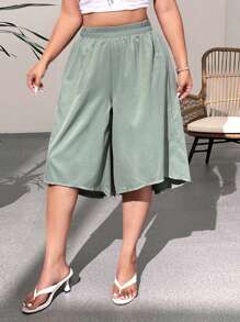 SHEIN LUNE Plus Size Casual Pants With Front Short Back Long 3/4 Length