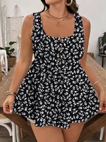 SHEIN LUNE 加大码花卉印花吊带背心和背心，适合夏季度假 - 黑與白 - 查看 7