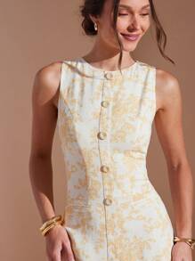 L'Amorae Women's All-Over Print Round Neck Sleeveless Button Front Dress - Multicolor - View 3