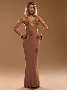 SHEIN BAE Women's Summer Vacation Casual Long Dimensional Floral Sexy Backless Fishtail Dress, Elegant Vacation Dresses, Beach Casual Vacation Wear, Bohemian Wear, Long Dresses