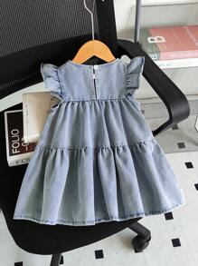 Vestido de mezclilla para bebé niña con decoración floral 3D, lindo y de moda, versátil para primavera/verano - Azul - Ver 2