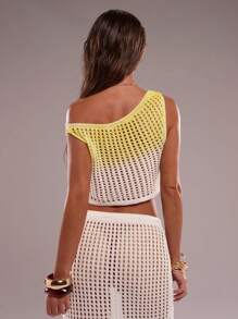 SHEIN BAE Women's White And Yellow Asymmetric Neck Strapless Knit Tops,Slouchy Boho Summer Casual Resort Woolen Knit,Street Wear Vacation Holiday - Multicolor - View 2