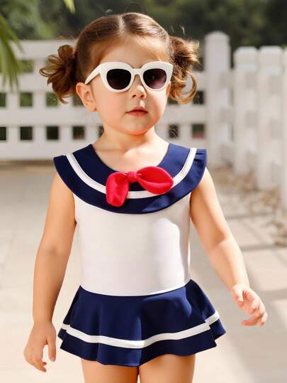Baby Girl Contrast Color Bow Decor Cute One-Piece Swimsuit
