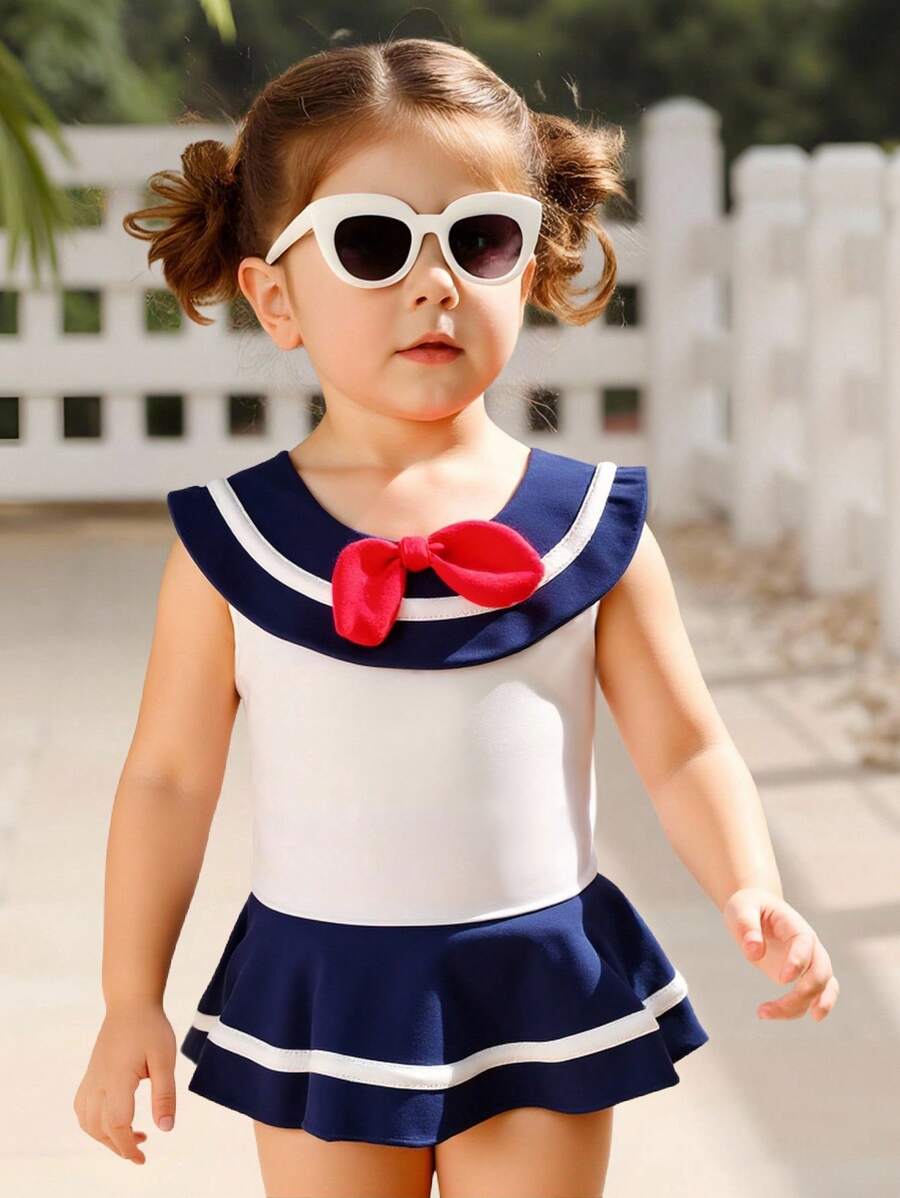 Baby Girl Contrast Color Bow Decor Cute One-Piece Swimsuit - Multicolor - View 1