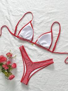 Swim Mod Set de 2 piezas Bikini con shorts de baño de mujer de verano con estampado de cuadros, decoración de metal y tirantes finos, traje de baño para vacaciones en la playa