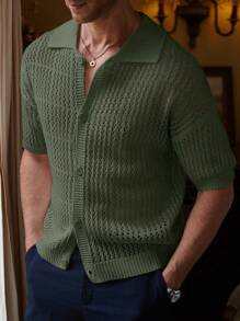 Manfinity Homme Suéter de punto casual con botones para hombres con patrón de rayas de dos tonos - Verde Oliva - Ver 6