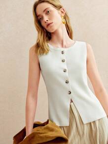 Pariaura 法式复古青春时尚简约日常通勤度假白色罗纹圆领背心不对称金属纽扣侧开衩法式休闲商务开衫女针织上衣适合叠穿或单穿