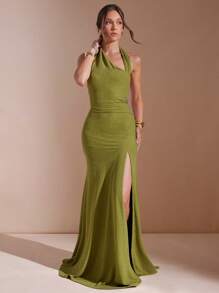 L'Amorae Women Elegant Asymmetrical Maxi Knit Dress With Slit - Green - View 1