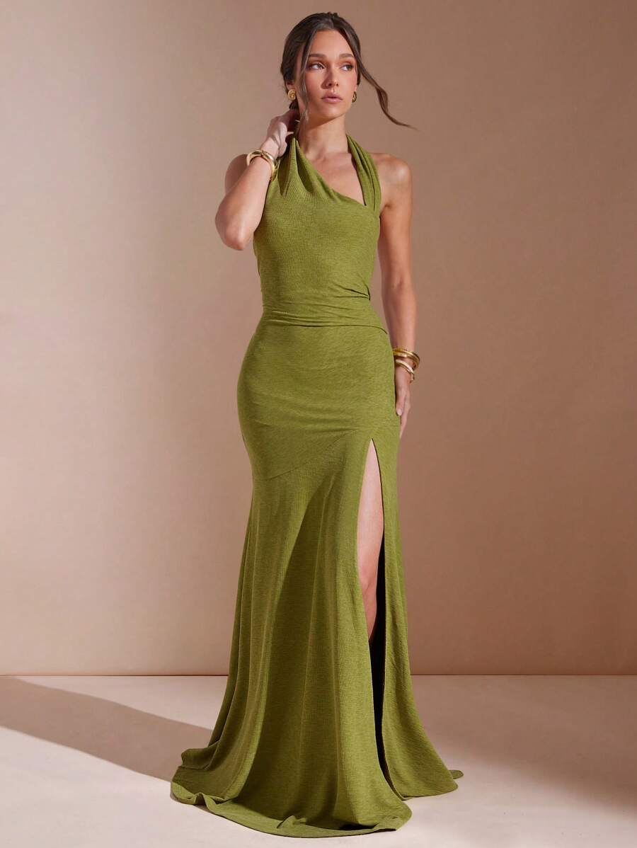 L'Amorae Women Elegant Asymmetrical Maxi Knit Dress With Slit - Green - View 1