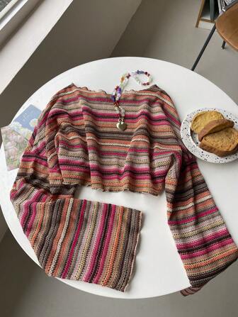 SHEIN EZwear Damen bunte gestreifte Langarm Bluse, Sommer