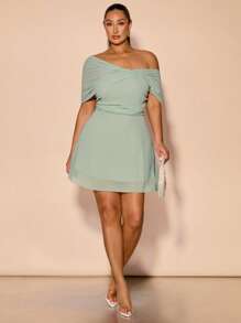 SHEIN BAE Váy xòe cổ lệch thanh lịch lãng mạn cho khách dự tiệc cưới cỡ lớn dành cho nữ - màu xanh lá - Xem 5