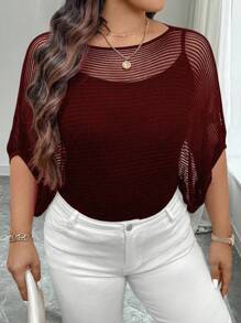 SHEIN Clasi Áo len dệt kim đơn giản màu trơn cỡ lớn dành cho nữ, mặc hàng ngày, mùa hè - Màu Đỏ Sâu - Xem 4