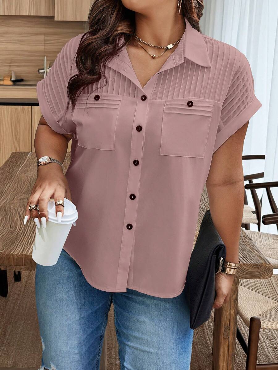 Breezaya Camisa De Talla Grande Con Manga Murciélago, Botones Y Color Sólido - Rosa vieja - Ver 1