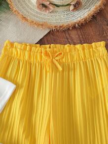 SHEIN 女童花卉印花休闲 T 恤 + 宽松梭织纹理长裤 2 件套休闲装，休闲日常度假 - 黃色 - 查看 6