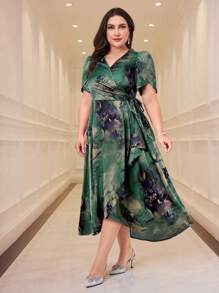 Modelyn Vestido midi de talla grande para mujer con escote en V, manga corta y cintura ceñida con estampado
