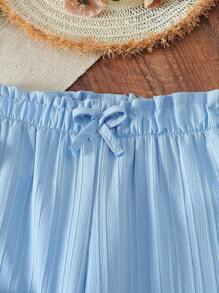 SHEIN 女童度假休闲基础款花卉印花宽松T恤+梭织纹理宽松裤套装，日常穿着 - 藍色 - 查看 6