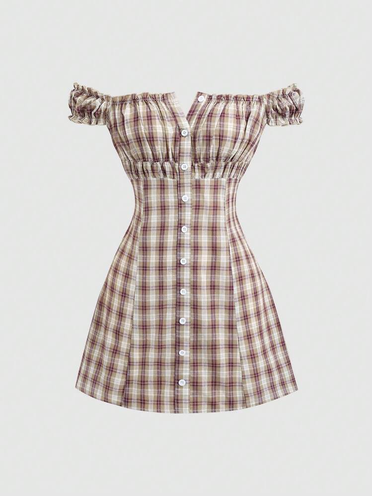 Sweetra Vestido mini con hombros descubiertos, cintura ceñida, de estilo granja estadounidense dulce y picante - Caqui - Añade 1