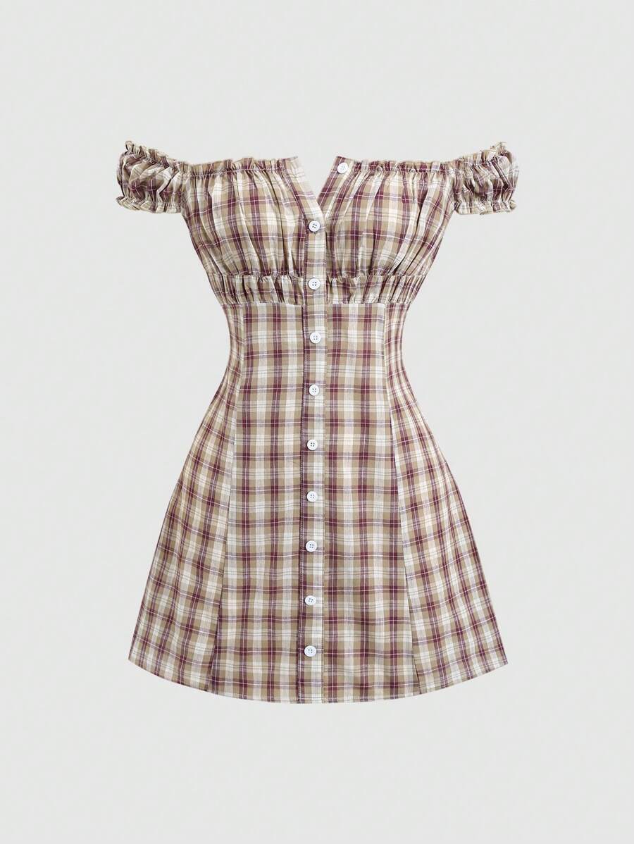 Sweetra Sweet & Spicy American Farm Style Off Shoulder Cinched Waist Mini Dress - Khaki - View 1