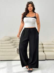 Solflare Plus Size Black Casual Loose Pants - Pink - View 7