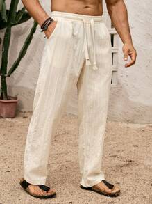 Manfinity RSRT 男士100%纯棉提花休闲宽松抽绳裤男士棉麻裤男士纯棉裤子 - 米色 - 查看 3