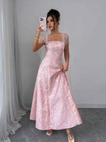 Elenzga Summer Vacation Bohemian Jacquard Mesh A-Line Midi Dress - Pink - View 3