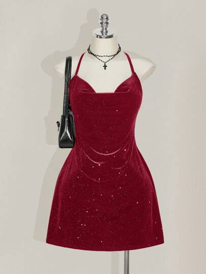 SHEIN ICON 大码修身闪光天鹅绒露背褶饰腰迷你连衣裙