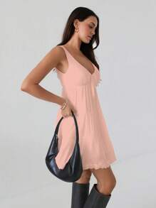 Roylia Váy Peplum xếp lớp không tay thắt nơ cho nữ - Hồng - Xem 4