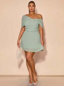 SHEIN BAE Váy xòe cổ lệch thanh lịch lãng mạn cho khách dự tiệc cưới cỡ lớn dành cho nữ - màu xanh lá - Xem 4