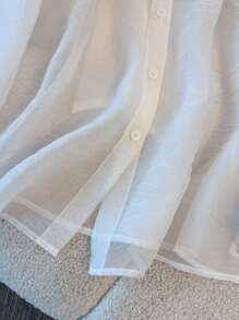 SHEIN CURVE+ Blusa de manga larga suelta y casual con espalda de lazo semitransparente para tallas grandes