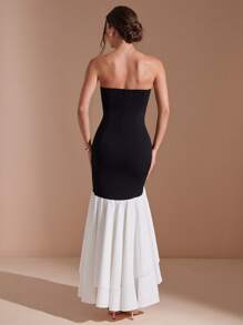 L'Amorae Women's Elegant Wedding Black And White With High Slit And Layered Bottom Long Dress - Black and White - View 2