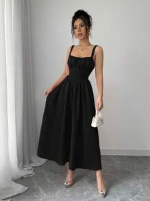 Rafferiza 女款黑色纯色情人节度假休闲优雅修身腰部2025夏季新款长款连衣裙