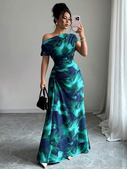 Elenzga Vestido de mujer con estampado minimalista, hombro asimétrico y talle fruncido