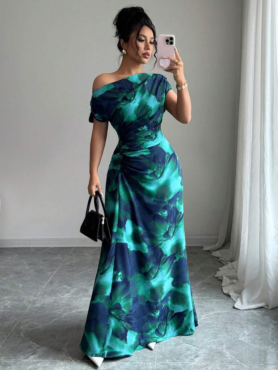 Elenzga Women's Minimalist Print Asymmetrical Shoulder & Waist Ruched Dress