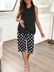 SHEIN 2pcs/Set Maternity Casual Solid Color Asymmetrical Hem Tank Top & Polka Dot Print Pants, Summer - Black and White - View 3