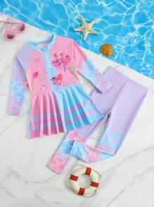 年轻女孩美人鱼渐变色图案印花长袖长裤泳衣，防晒海滩度假