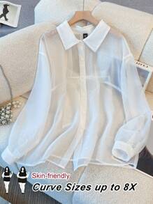 SHEIN CURVE+ Blusa de manga larga suelta y casual con espalda de lazo semitransparente para tallas grandes