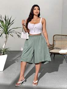 SHEIN LUNE Plus Size Casual Pants With Front Short Back Long 3/4 Length