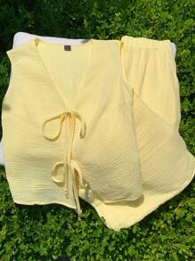 Comfortcana 女士夏季系带吊带背心和裤子套装 - 黃色 - 查看 6