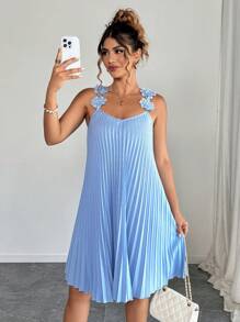 Elenzga Plus Size Summer Elegant 3D Floral Decor Pleated Dress