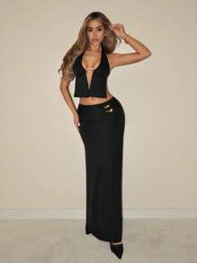 SHEIN ICON 2 件女士优雅复古性感露背深 V 金属扣装饰短款上衣和超长扭腰裙套装，适合约会和度假 - 黑色 - 查看 3