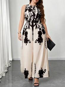 SHEIN Clasi 加大码全身印花圆领无袖优雅连体裤，适合夏季女士夏季服装