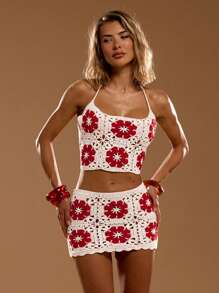 SHEIN BAE Top de punto con nudo en el cuello y espalda descubierta con decoración floral, moda casual de resort