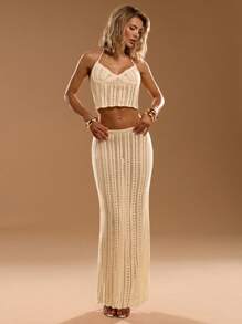 SHEIN BAE Summer Women's Casual Vacation Beach Fashion Neck Crochet Top And Long Skirt Two Piece Set, Vacation Set, Beach Vacation Wear, Bohemian Vacation Wear