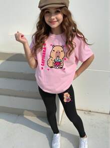 Elladie kids 1 套女孩休闲可爱卡通佩帕猪图案印花短袖 T 恤和踝长裤套装，春夏 - 彩色 - 查看 3