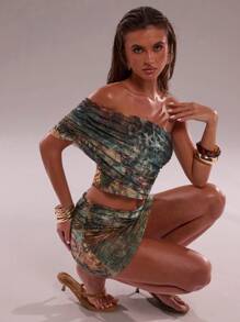 SHEIN BAE Summer Outing Vacation Mesh Printed Fabric Asymmetric Women's Top And Bottom Suit Outing Dating, Beach Party, Beach Vacation Wear - Olive Green - View 8