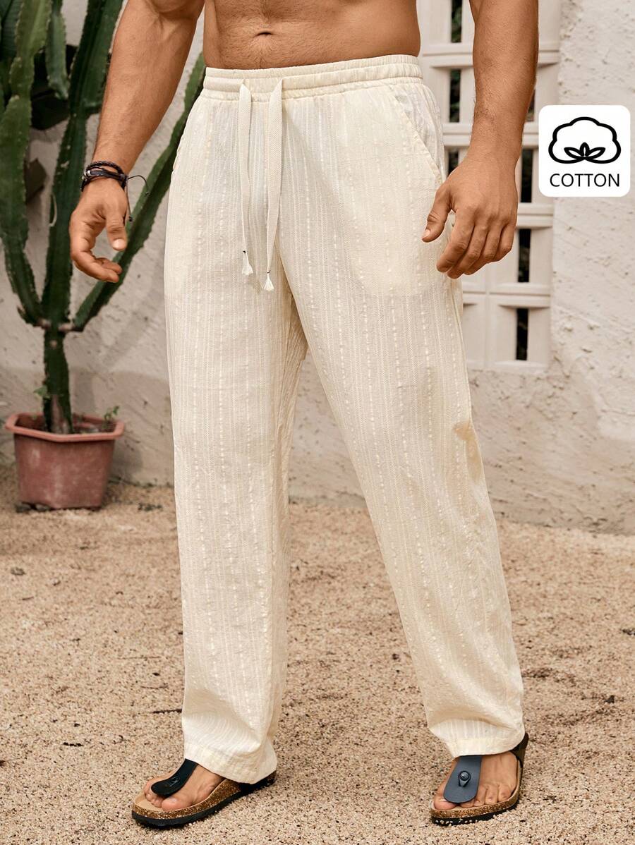 Manfinity RSRT 男士100%纯棉提花休闲宽松抽绳裤男士棉麻裤男士纯棉裤子 - 米色 - 查看 1