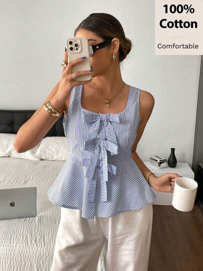 Siren Gaze 女式夏季 100% 纯棉蓝色条纹方领无袖背心，条纹荷叶边上衣，带蝴蝶结装饰，外出上衣，女式夏季假期毕业西部装，女式海滩装
